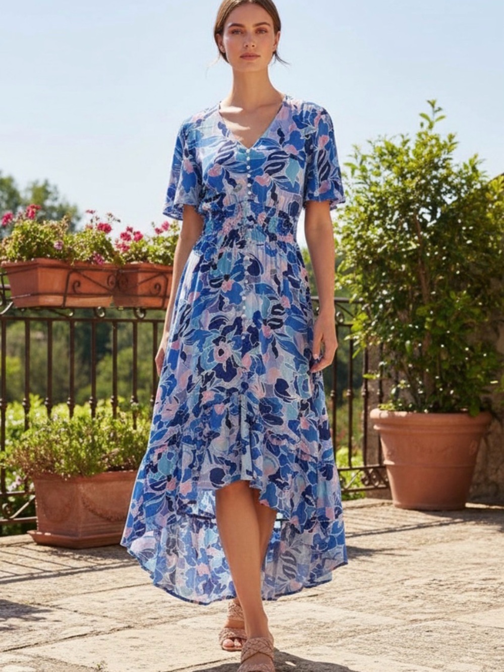 Abel the Label For Anthropologie Blue and Pink Floral V-Neck High-Low Maxi Dress